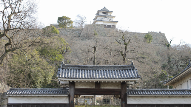 丸亀城の大手門と高石垣と天守