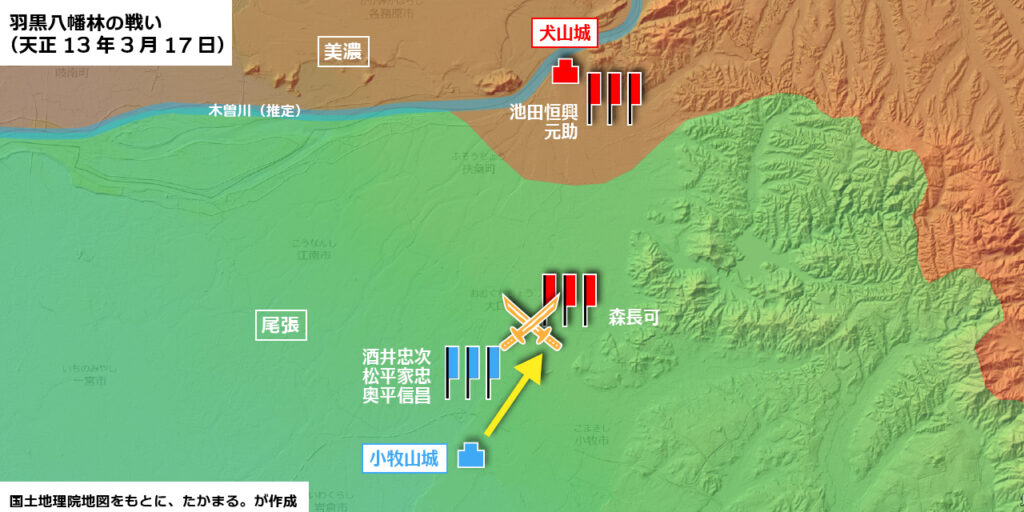 羽黒八幡林の戦い・天正13年3月17日の動き