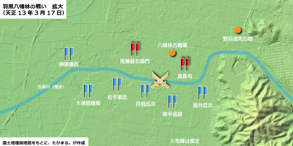 羽黒八幡林の戦い（天正13年3月17日）の布陣図（推定）